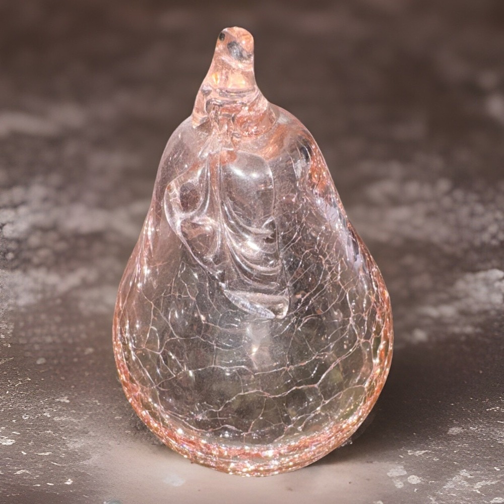 Vintage Beautiful Pink Depression‎ Cracked Glass Pear With Leaf Accent